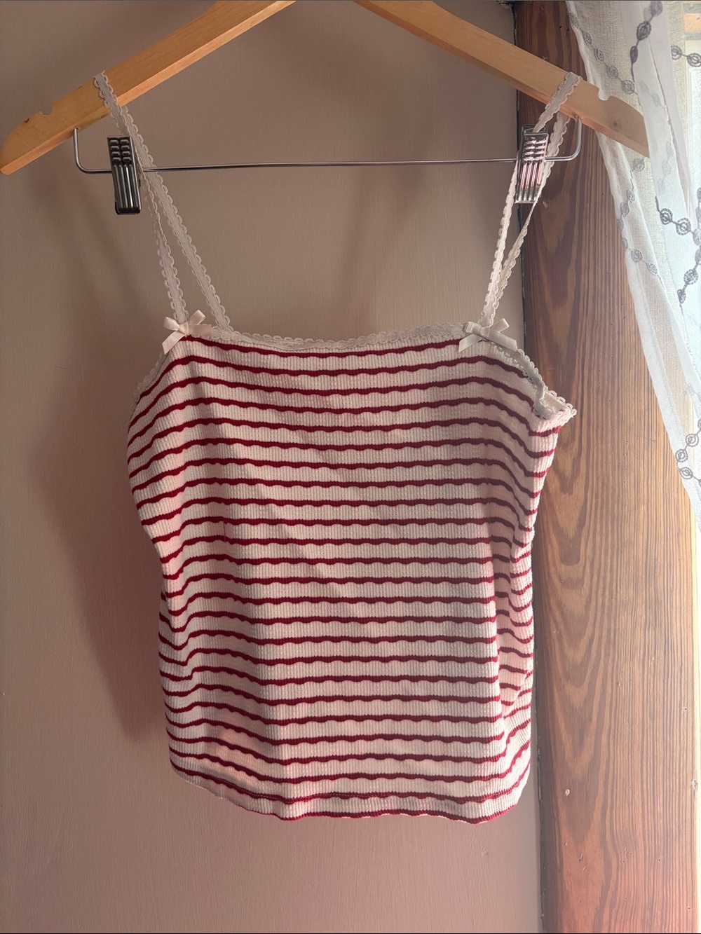 American Eagle Outfitters Red and White Striped Lace-Trim Cami